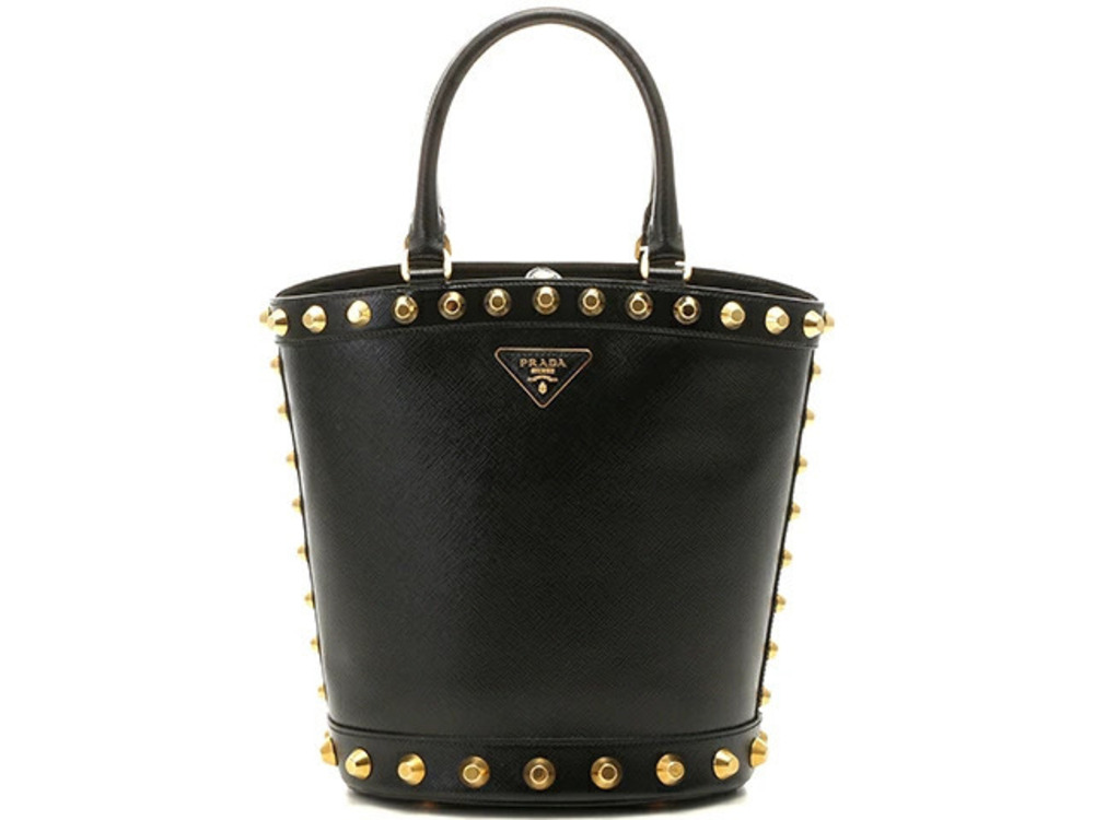 Prada Bag Shoulder Studded Bucket Black Saffiano Vernice